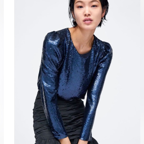 Zara Tops - ZARA Blue sequin embellished long sleeve evening top party going out blouse